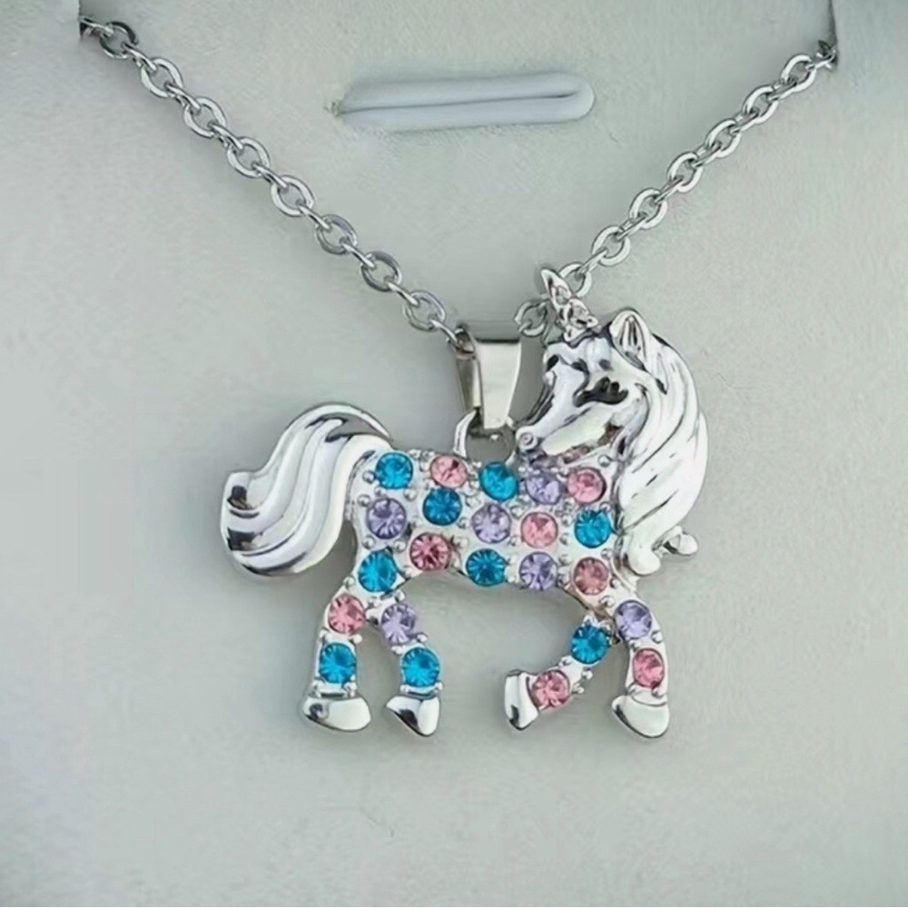 Silver Rhinestone Unicorn Pendant Necklace - Picture 2 of 3